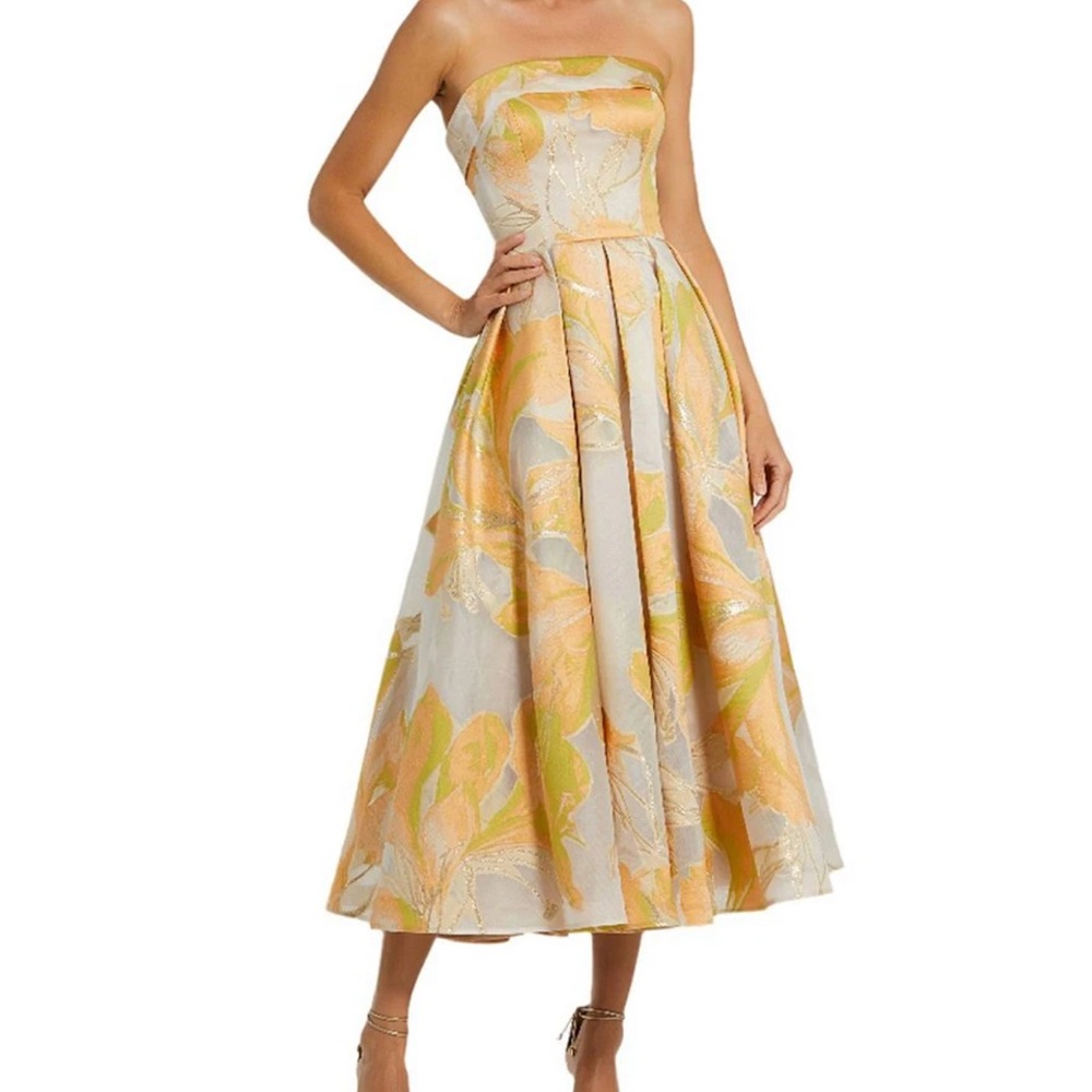 Brocade Floral Print Strapless Neck Sleeveless A-Line Midi Dress